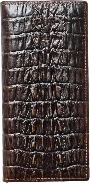 Genuine Leather Bifold Long Wallet for Men, Retro Vintage Embossed Clutch with Zipped Coin purse & Credit card Slots. RFID Blocking. Crocodile Tail- Coffee