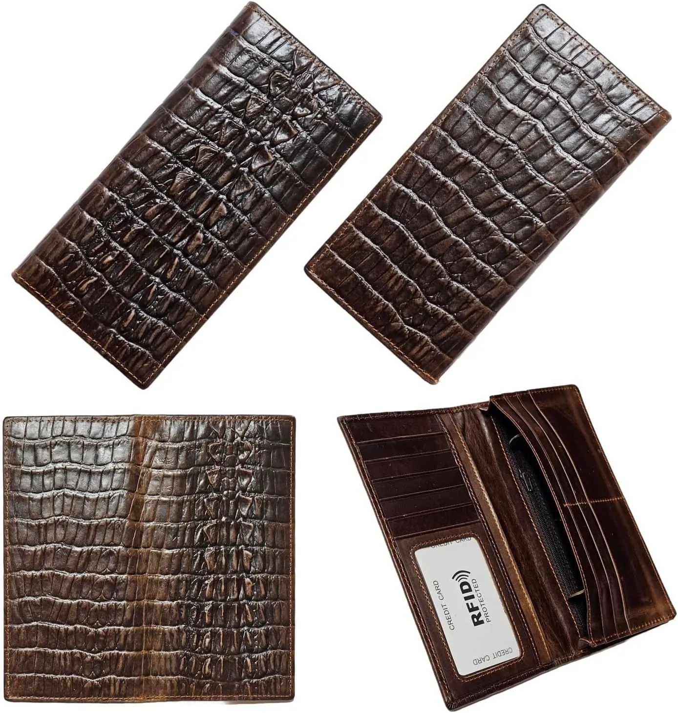 Genuine Leather Bifold Long Wallet for Men, Retro Vintage Embossed Clutch with Zipped Coin purse & Credit card Slots. RFID Blocking. Crocodile Tail- Coffee