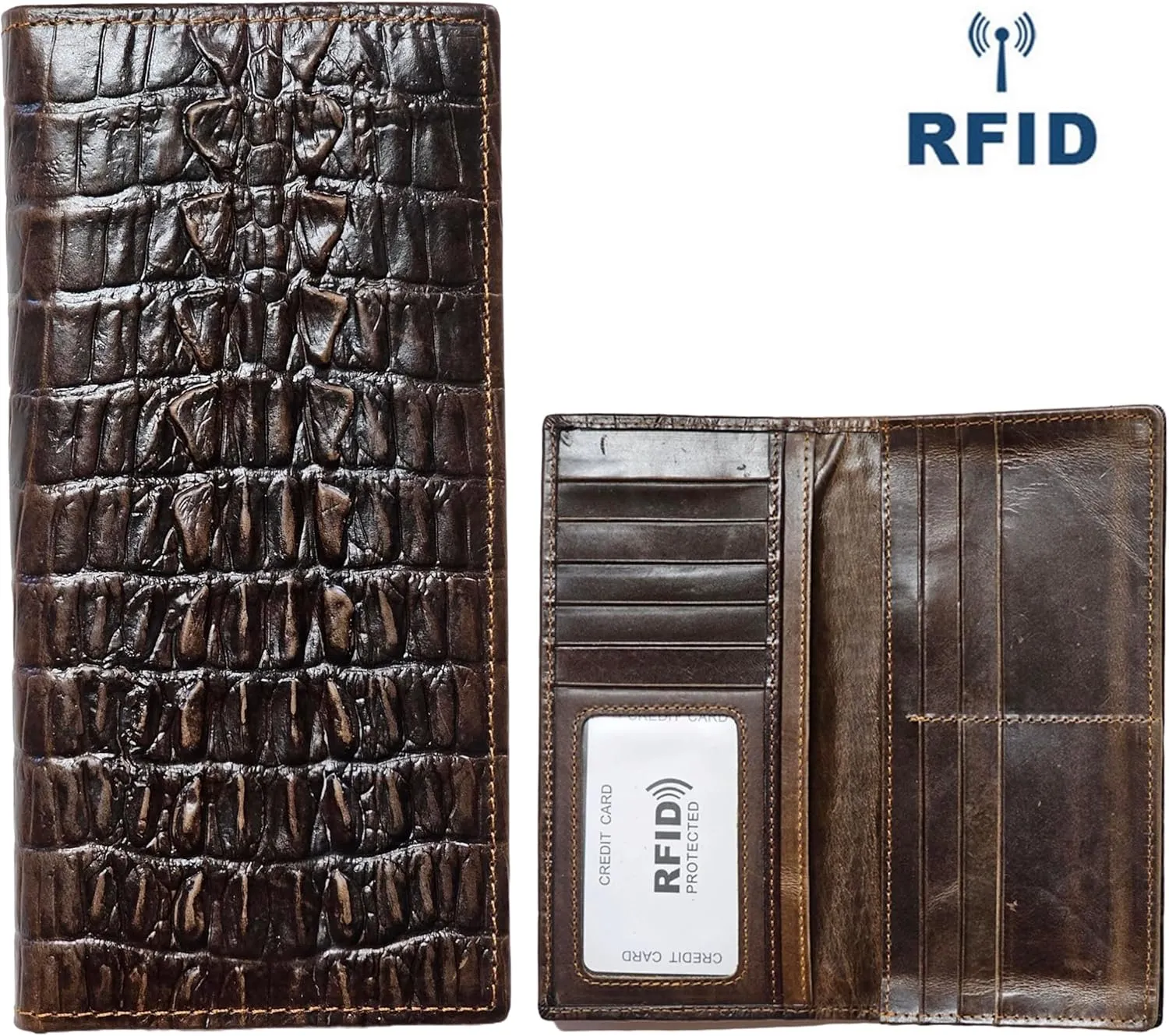 Genuine Leather Bifold Long Wallet for Men, Retro Vintage Embossed Clutch with Zipped Coin purse & Credit card Slots. RFID Blocking. Crocodile Tail- Coffee