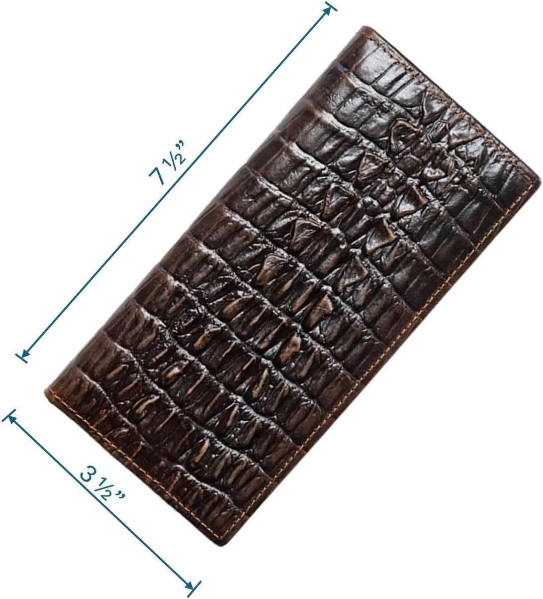 Genuine Leather Bifold Long Wallet for Men, Retro Vintage Embossed Clutch with Zipped Coin purse & Credit card Slots. RFID Blocking. Crocodile Tail- Coffee