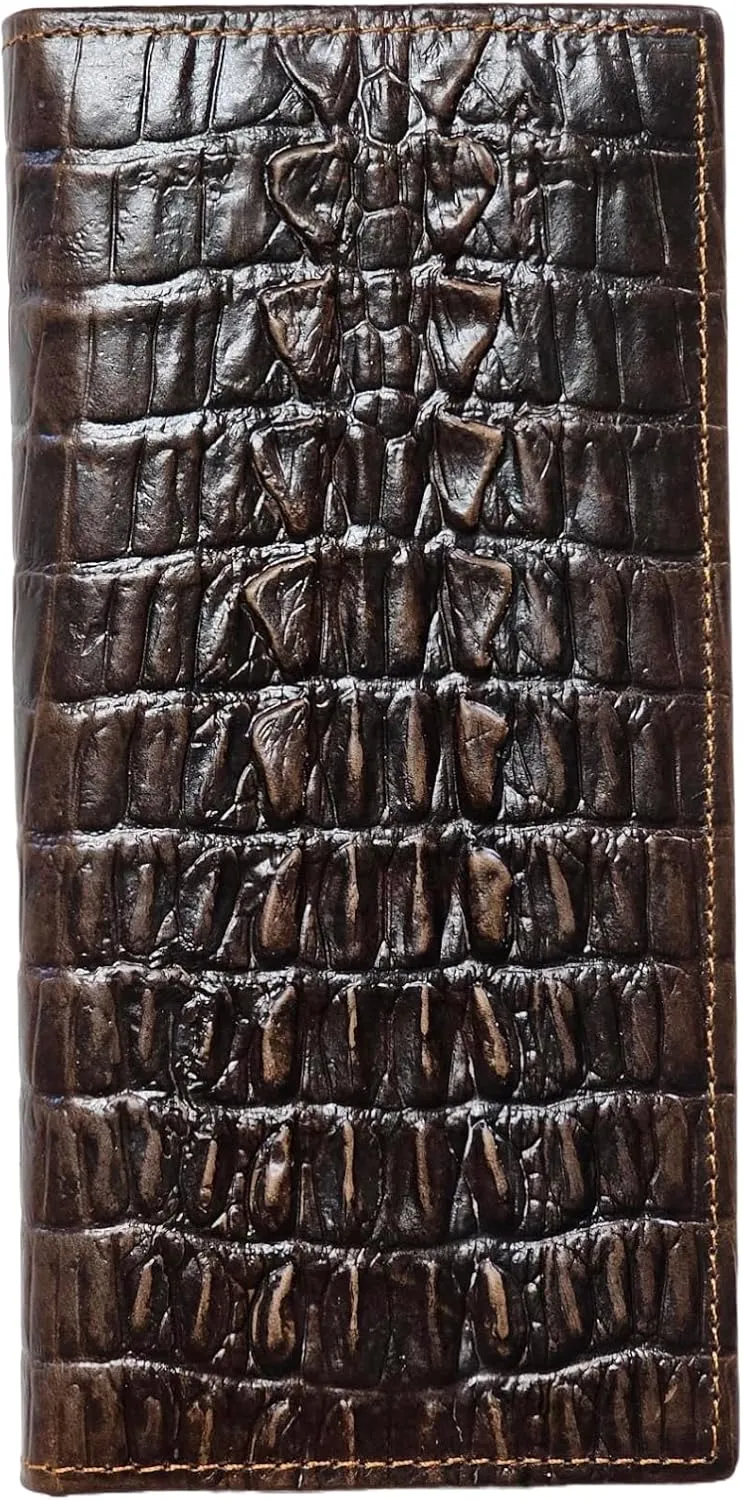 Genuine Leather Bifold Long Wallet for Men, Retro Vintage Embossed Clutch with Zipped Coin purse & Credit card Slots. RFID Blocking. Crocodile Tail- Coffee