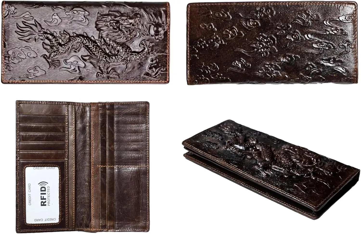 Genuine Leather Bifold Long Wallet for Men, Retro Vintage Embossed Clutch with Zipped Coin purse & Credit card Slots. RFID Blocking. Dragon- Coffee
