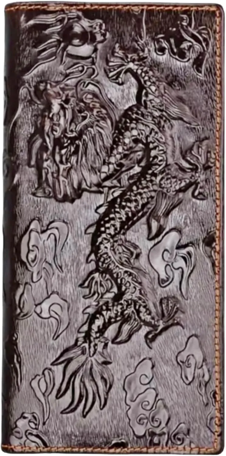 Genuine Leather Bifold Long Wallet for Men, Retro Vintage Embossed Clutch with Zipped Coin purse & Credit card Slots. RFID Blocking. Dragon- Coffee