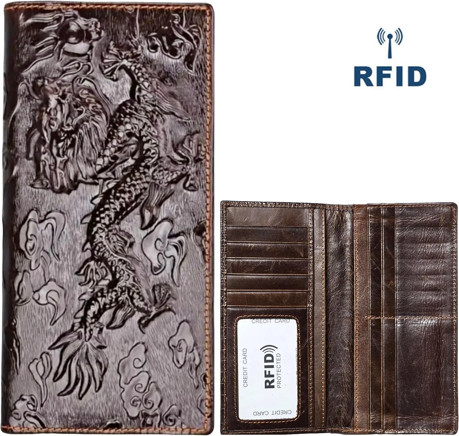Genuine Leather Bifold Long Wallet for Men, Retro Vintage Embossed Clutch with Zipped Coin purse & Credit card Slots. RFID Blocking. Dragon- Coffee