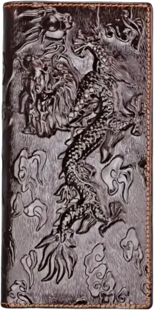 Genuine Leather Bifold Long Wallet for Men, Retro Vintage Embossed Clutch with Zipped Coin purse & Credit card Slots. RFID Blocking. Dragon- Coffee