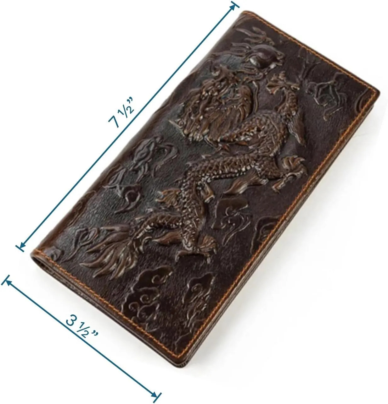 Genuine Leather Bifold Long Wallet for Men, Retro Vintage Embossed Clutch with Zipped Coin purse & Credit card Slots. RFID Blocking. Dragon- Coffee