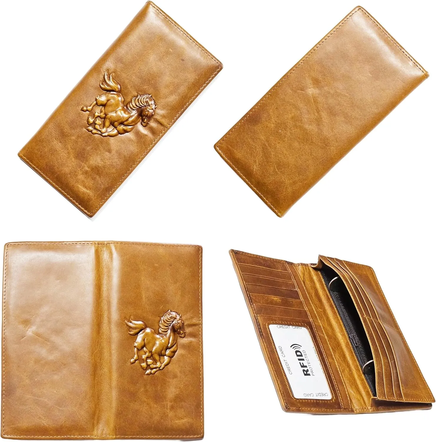 Genuine Leather Bifold Long Wallet for Men, Retro Vintage Embossed Clutch with Zipped Coin purse & Credit card Slots. RFID Blocking. Horse- Tan Cognac