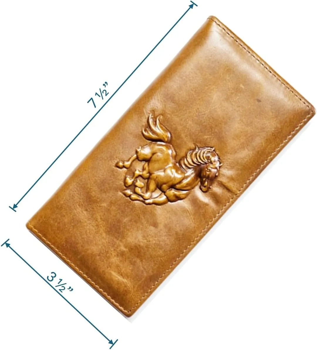 Genuine Leather Bifold Long Wallet for Men, Retro Vintage Embossed Clutch with Zipped Coin purse & Credit card Slots. RFID Blocking. Horse- Tan Cognac