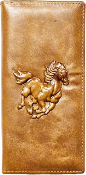 Genuine Leather Bifold Long Wallet for Men, Retro Vintage Embossed Clutch with Zipped Coin purse & Credit card Slots. RFID Blocking. Horse- Tan Cognac