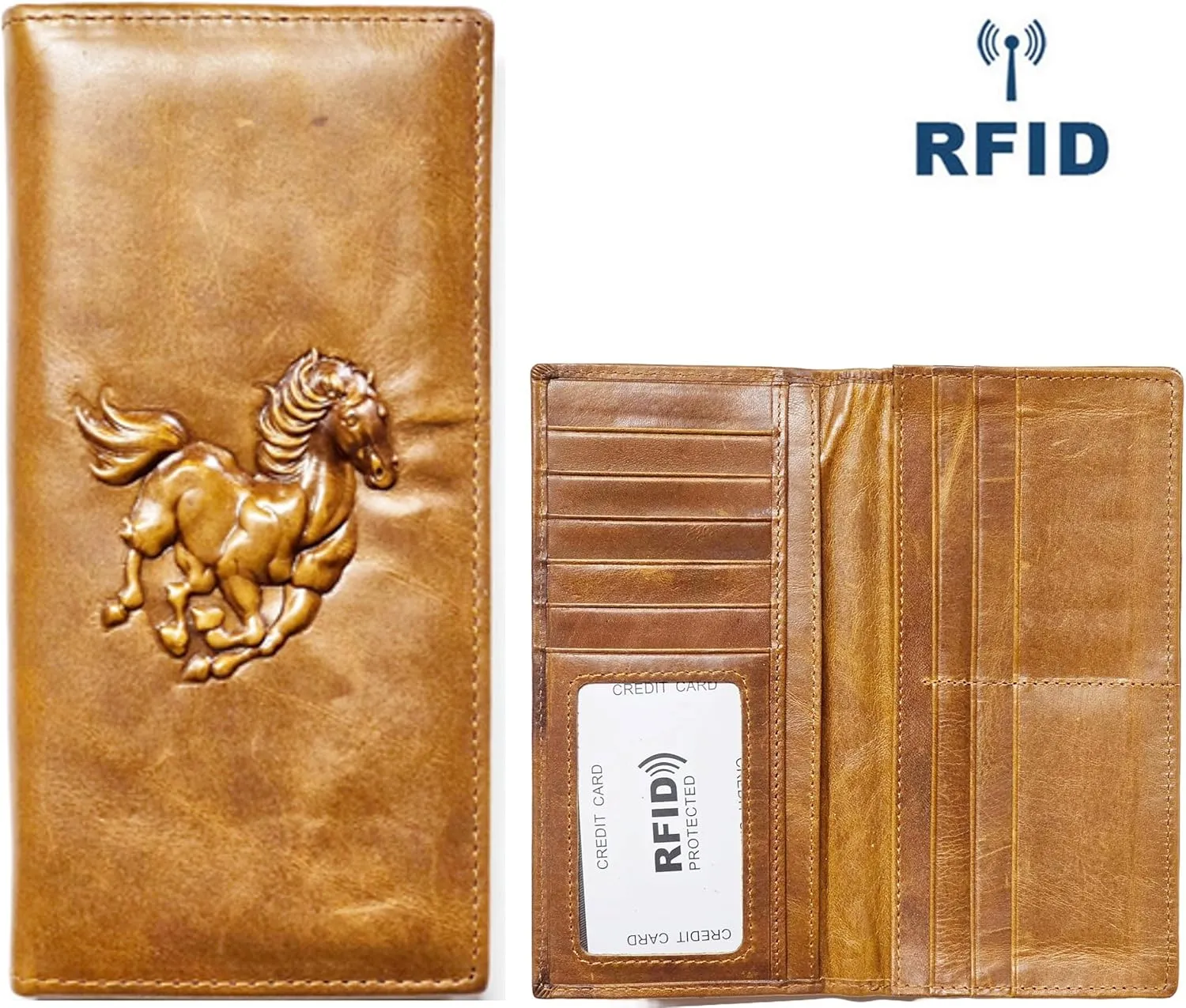 Genuine Leather Bifold Long Wallet for Men, Retro Vintage Embossed Clutch with Zipped Coin purse & Credit card Slots. RFID Blocking. Horse- Tan Cognac