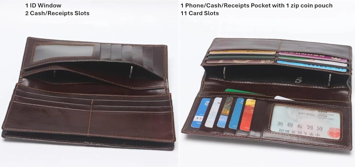 Genuine Leather Bifold Long Wallet for Men, Retro Vintage Embossed Clutch with Zipped Coin purse & Credit card Slots. RFID Blocking. Horse- Tan Cognac