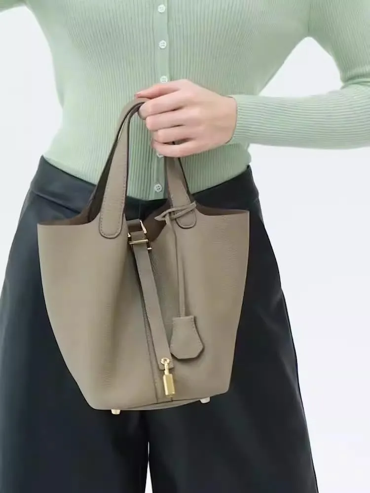 Genuine leather bucket bag for women old trend lychee drawstring soft basket tote bag