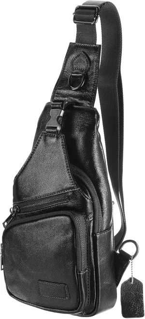 Genuine Leather Small Sling Bag - 6.69"x12.6" (LXH) Good for Men and Women Hiking Travel - Multipurpose Casual Small Packs Crossbody Chest Bag Backpack Black