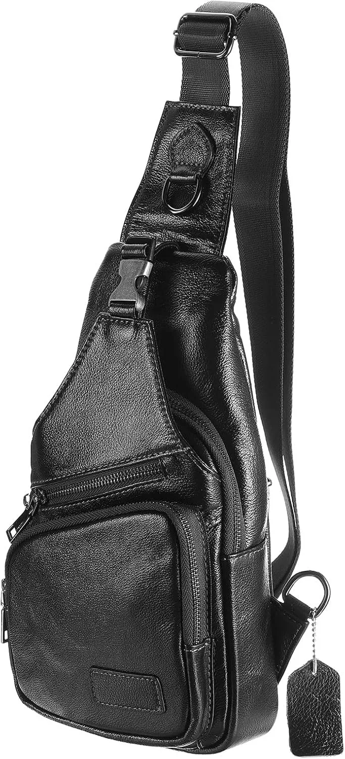 Genuine Leather Small Sling Bag - 6.69"x12.6" (LXH) Good for Men and Women Hiking Travel - Multipurpose Casual Small Packs Crossbody Chest Bag Backpack Black