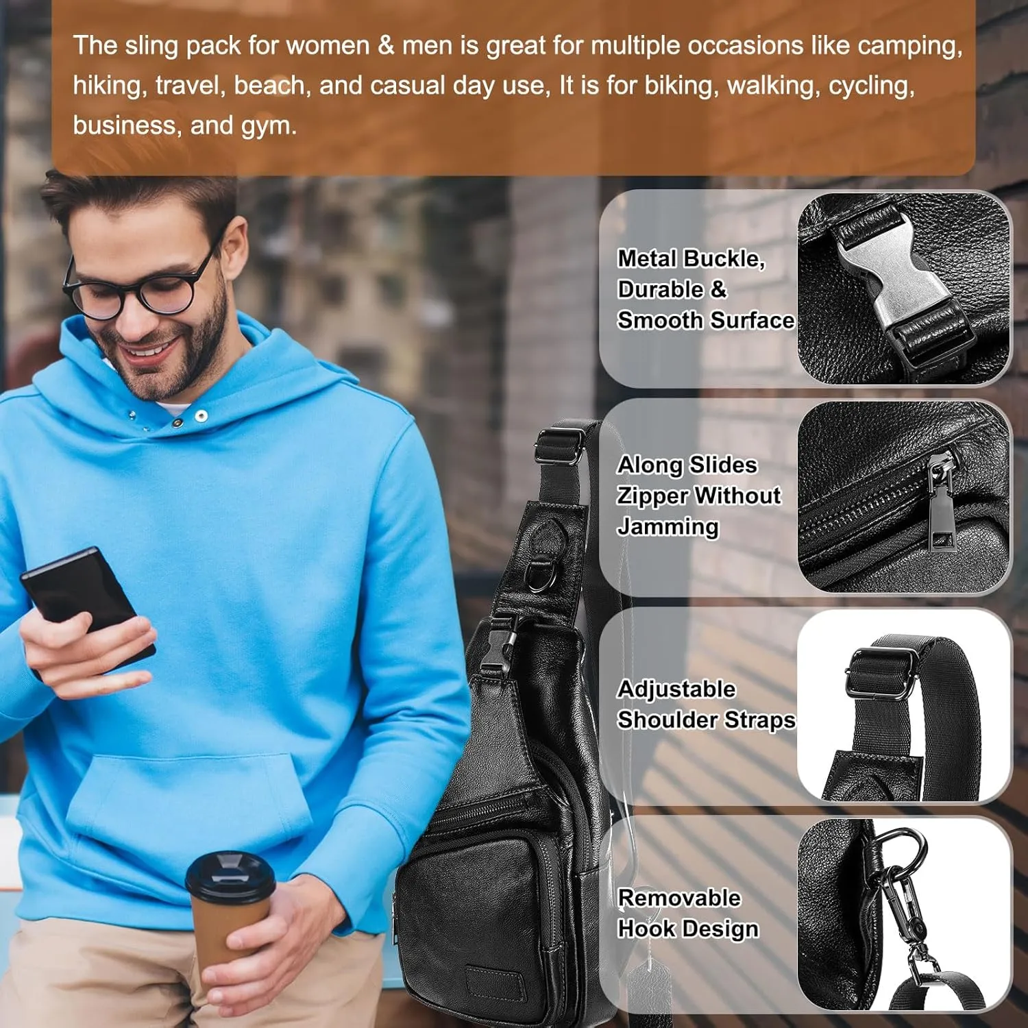 Genuine Leather Small Sling Bag - 6.69"x12.6" (LXH) Good for Men and Women Hiking Travel - Multipurpose Casual Small Packs Crossbody Chest Bag Backpack Black