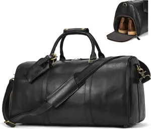 Genuine Leather Travel Bag for Men Large Capacity Luggage Duffel Bag with Shoe Compartment, Shoulder Handbag for Holiday Business Trip Outdoor