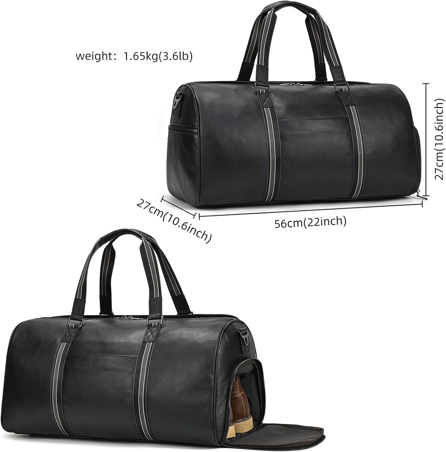 Genuine Leather Travel Bag Large Capacity Waterproof Luggage Duffel Bag with Shoe Compartment, Weekender Shoulder Handbag for Men Women Holiday Business Trip, Black