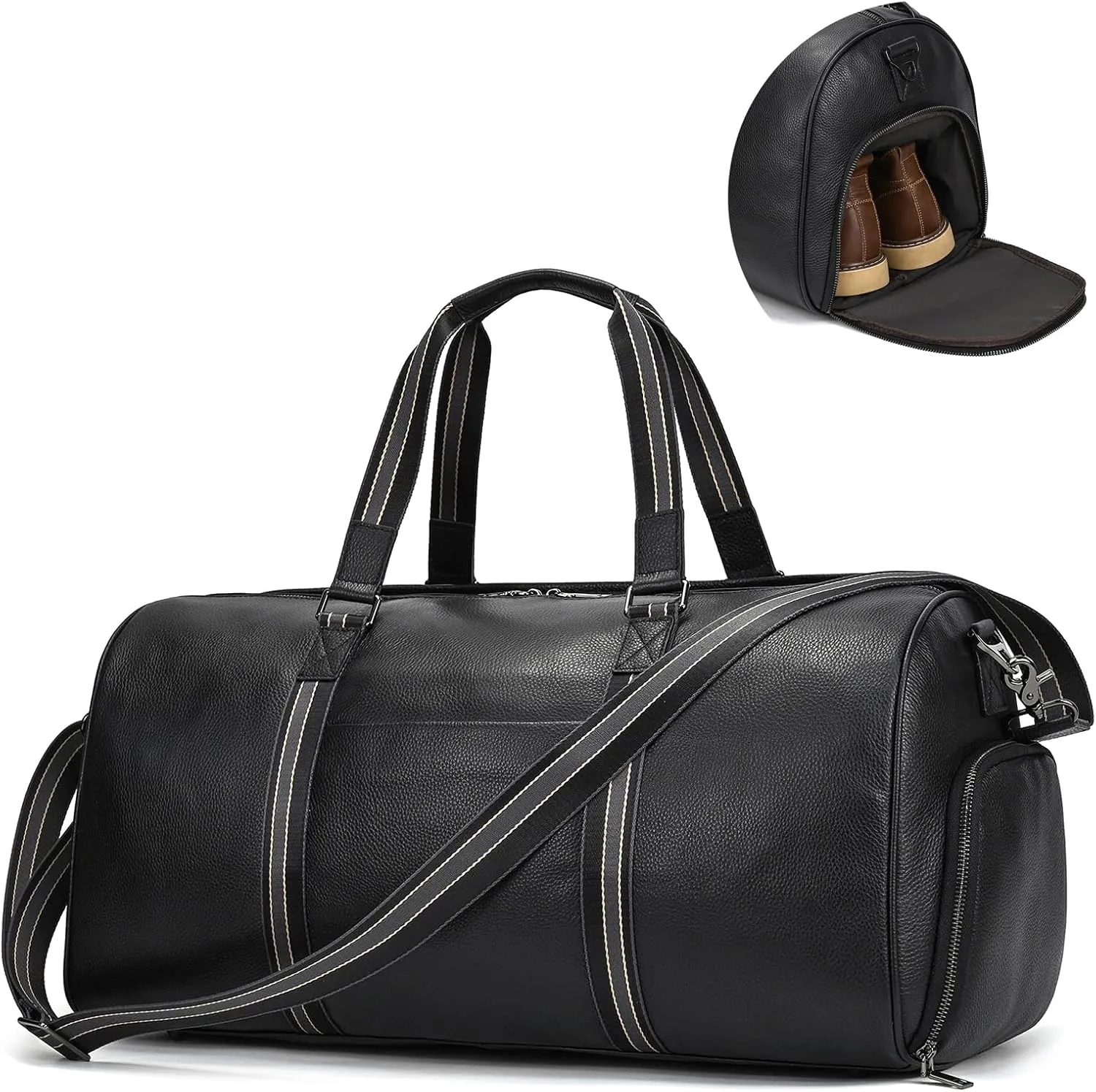 Genuine Leather Travel Bag Large Capacity Waterproof Luggage Duffel Bag with Shoe Compartment, Weekender Shoulder Handbag for Men Women Holiday Business Trip, Black