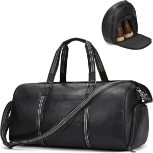 Genuine Leather Travel Bag Large Capacity Waterproof Luggage Duffel Bag with Shoe Compartment, Weekender Shoulder Handbag for Men Women Holiday Business Trip, Black