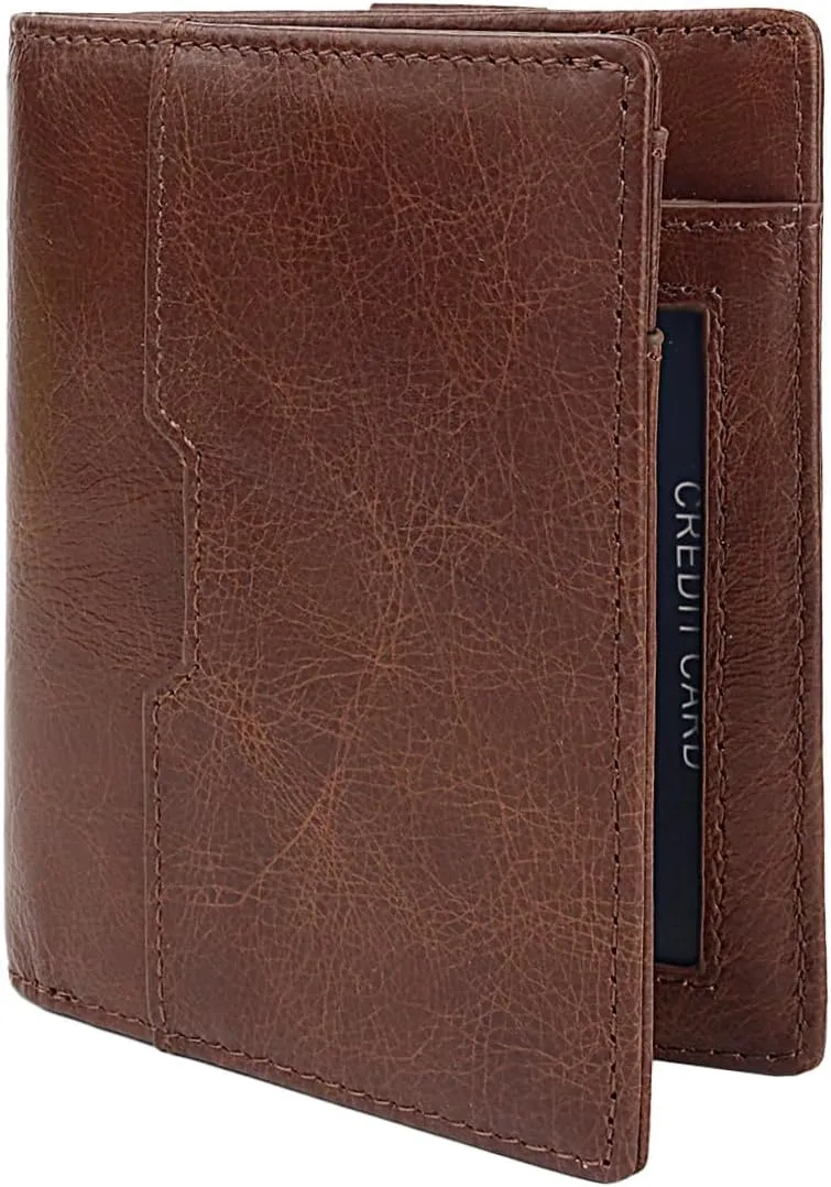 Genuine Leather Wallet for Men RFID Blocking Minimalist Card Front Pocket Slim Bifold Wallets Retro First Layer Cowhide Wallet,Brown