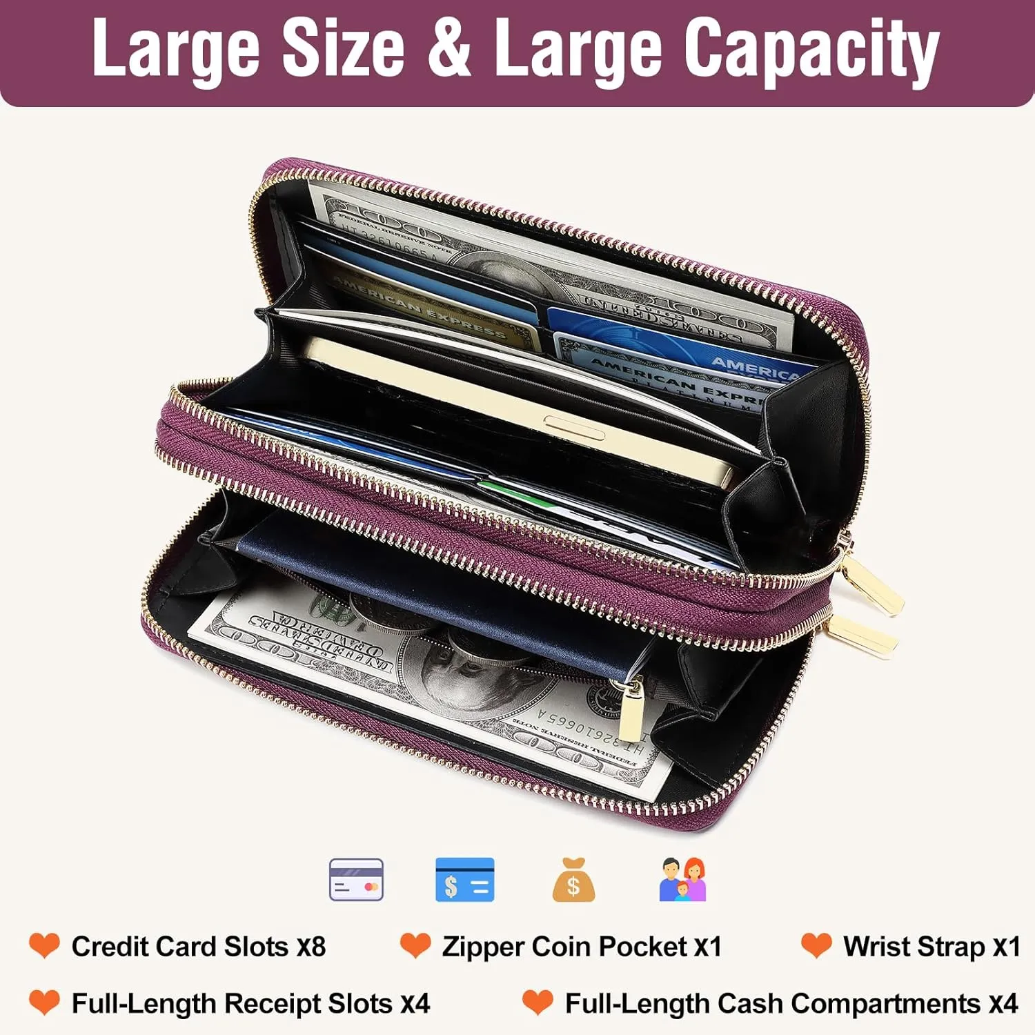 Genuine Leather Wallet for Women,Large Capacity Credit Card Holder Wallet with RFID Blocking,Dual Zipper Phone Purse