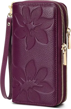 Genuine Leather Wallet for Women,Large Capacity Credit Card Holder Wallet with RFID Blocking,Dual Zipper Phone Purse