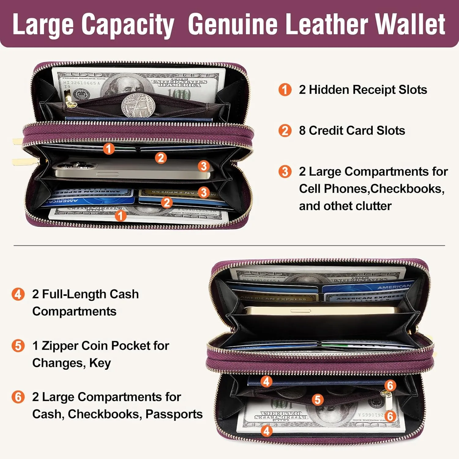 Genuine Leather Wallet for Women,Large Capacity Credit Card Holder Wallet with RFID Blocking,Dual Zipper Phone Purse