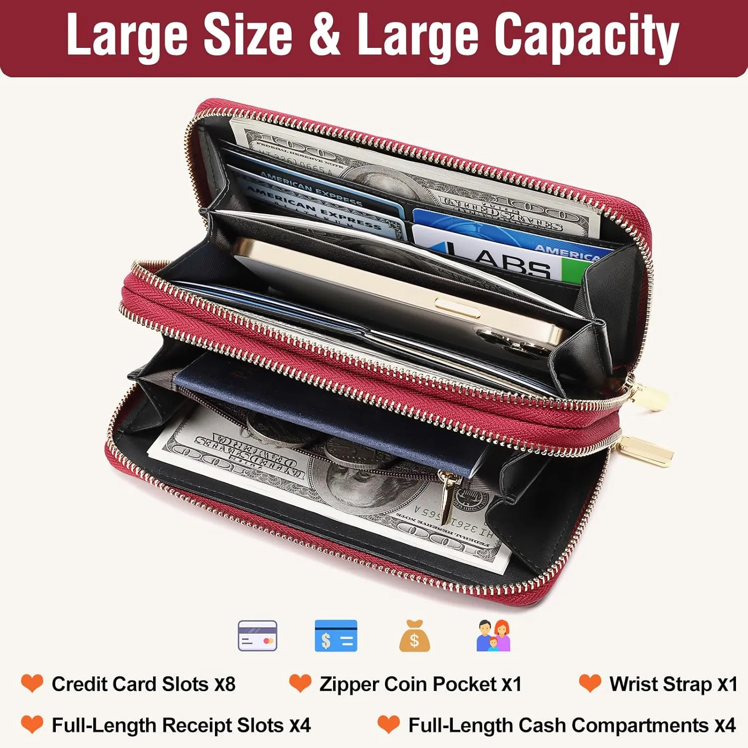 Genuine Leather Wallet for Women,Large Capacity Credit Card Holder Wallet with RFID Blocking,Dual Zipper Phone Purse