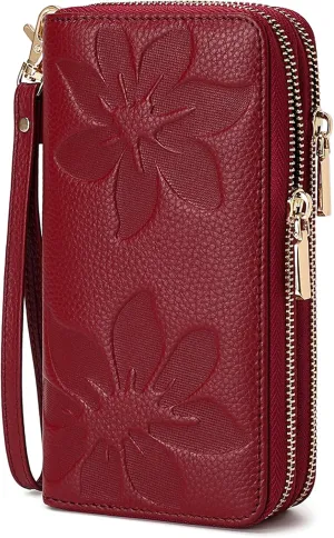 Genuine Leather Wallet for Women,Large Capacity Credit Card Holder Wallet with RFID Blocking,Dual Zipper Phone Purse