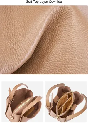 Genuine Leather Women's Shoulder Handbag Cowhide Medium Purse Bucket Bag Soft