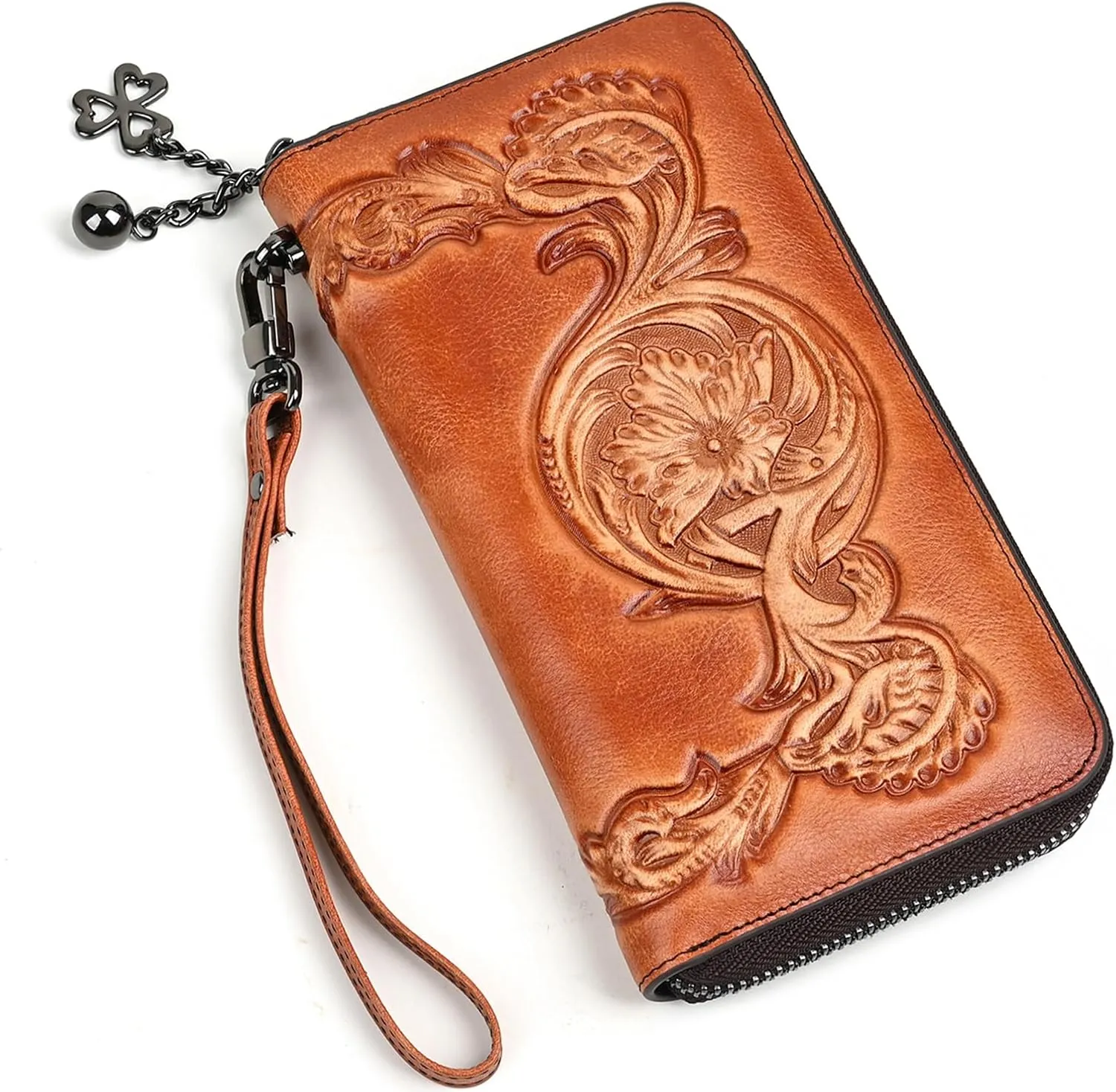 Genuine Leather Women's Wallet Flower Pattern Wristlet Long Wallet Card Holder (Brown)