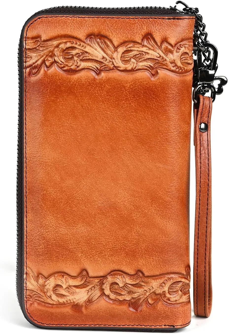 Genuine Leather Women's Wallet Flower Pattern Wristlet Long Wallet Card Holder (Brown)