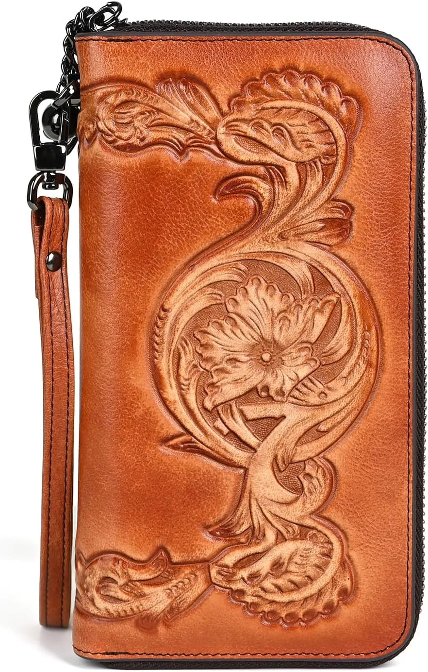 Genuine Leather Women's Wallet Flower Pattern Wristlet Long Wallet Card Holder (Brown)