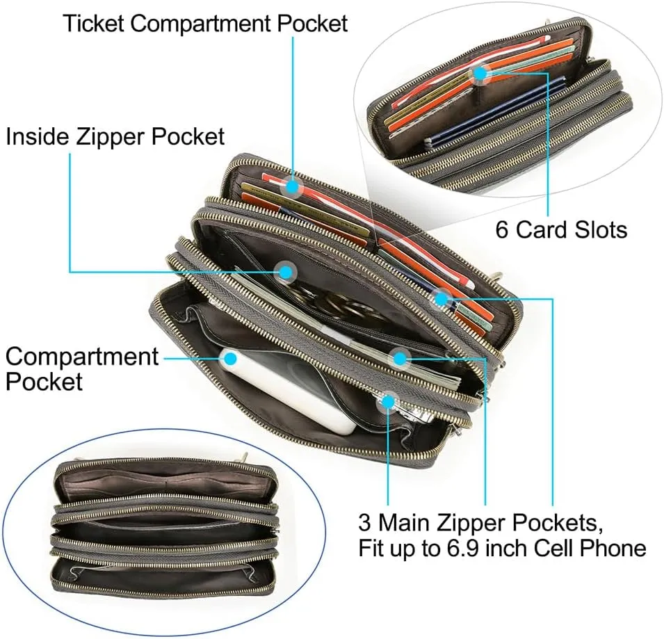 Genuine Leather Wristlet Clutch Purse for Unisex Small Crossbody Bag Clutch Wallet Shoulder Handbag