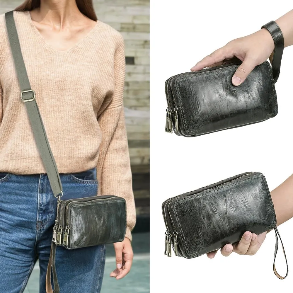 Genuine Leather Wristlet Clutch Purse for Unisex Small Crossbody Bag Clutch Wallet Shoulder Handbag