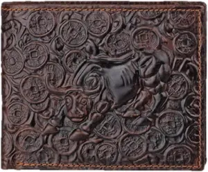 Genuine Real Leather Short Bifold Wallet for Men, RFID Blocking 3D Animal Print Retro Vintage Embossed Clutch Purse. Horizontal Bull Coffee