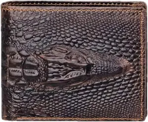 Genuine Real Leather Short Bifold Wallet for Men, RFID Blocking 3D Animal Print Retro Vintage Embossed Clutch Purse. Horizontal Crocodile Head Coffee
