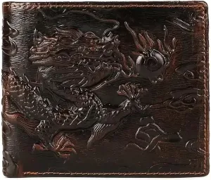 Genuine Real Leather Short Bifold Wallet for Men, RFID Blocking 3D Animal Print Retro Vintage Embossed Clutch Purse. Horizontal Dragon King Coffee