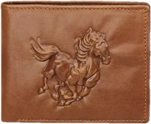 Genuine Real Leather Short Bifold Wallet for Men, RFID Blocking 3D Animal Print Retro Vintage Embossed Clutch Purse. Horizontal Horse Caramel