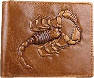 Genuine Real Leather Short Bifold Wallet for Men, RFID Blocking 3D Animal Print Retro Vintage Embossed Clutch Purse. Horizontal Scorpion Caramel