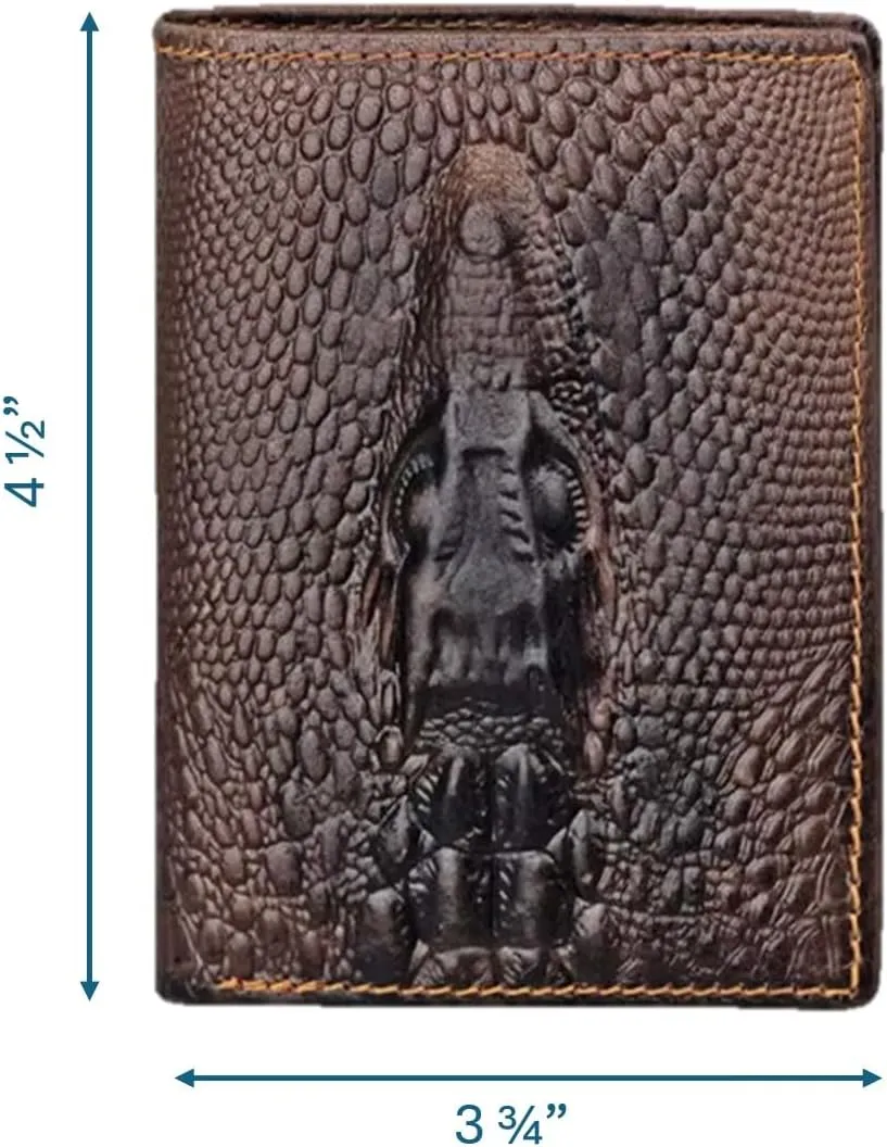 Genuine Real Leather Short Bifold Wallet for Men, RFID Blocking 3D Animal Print Retro Vintage Embossed Clutch Purse. Vertical Crocodile Tail Coffee