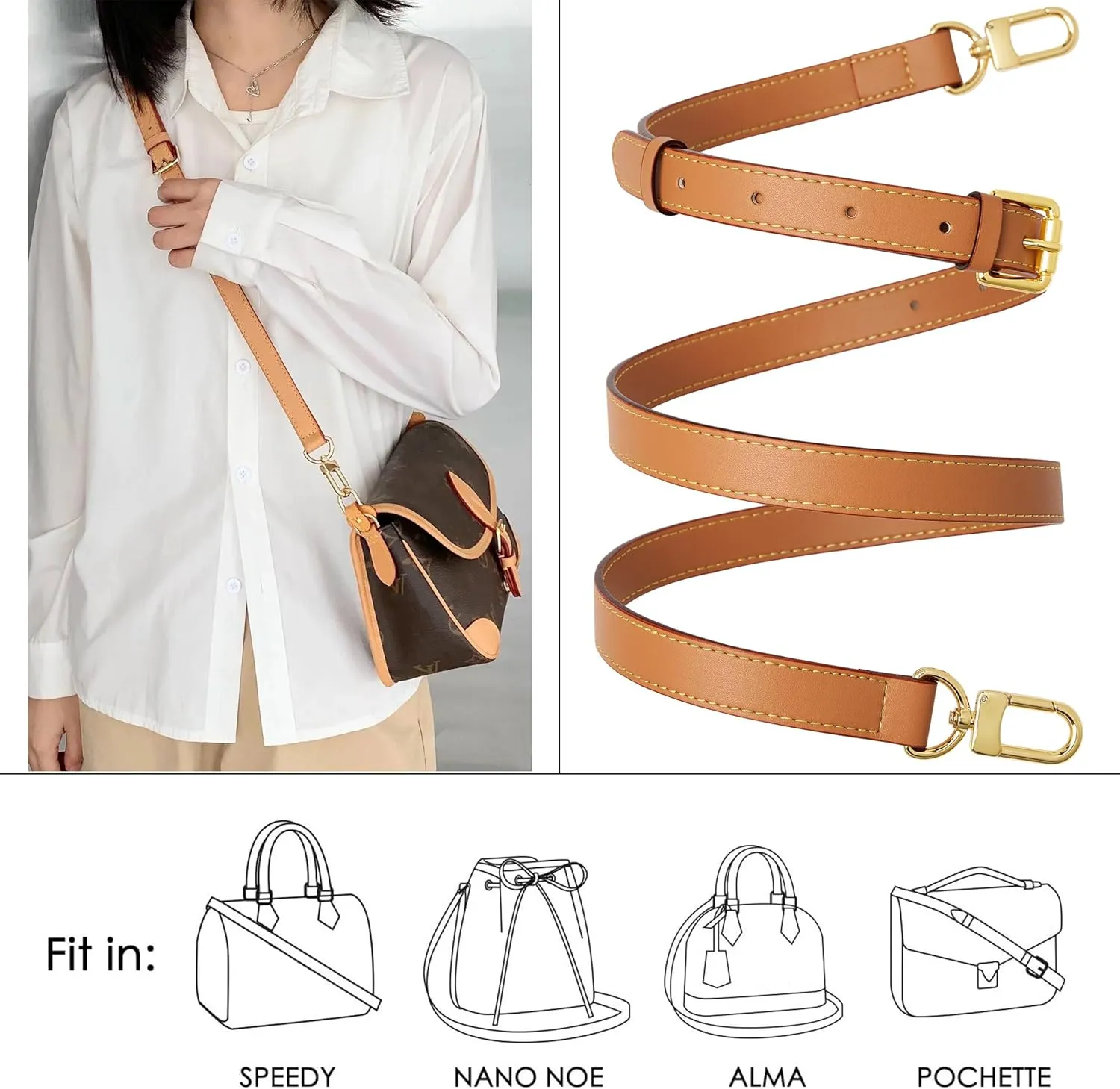 Genuine Vachetta Leather Crossbody Strap Genuine Leather Adjustable Replacement Strap for Shoulder Bag Handbag Purse