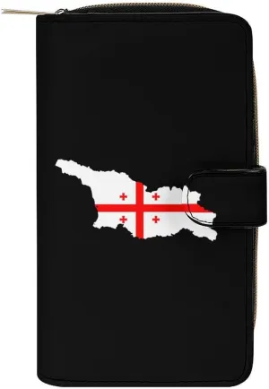 Georgias National Map Flag Leather Wallets for Men Women Zipped Clutch Purse Travel Handbag Card Case Wallet