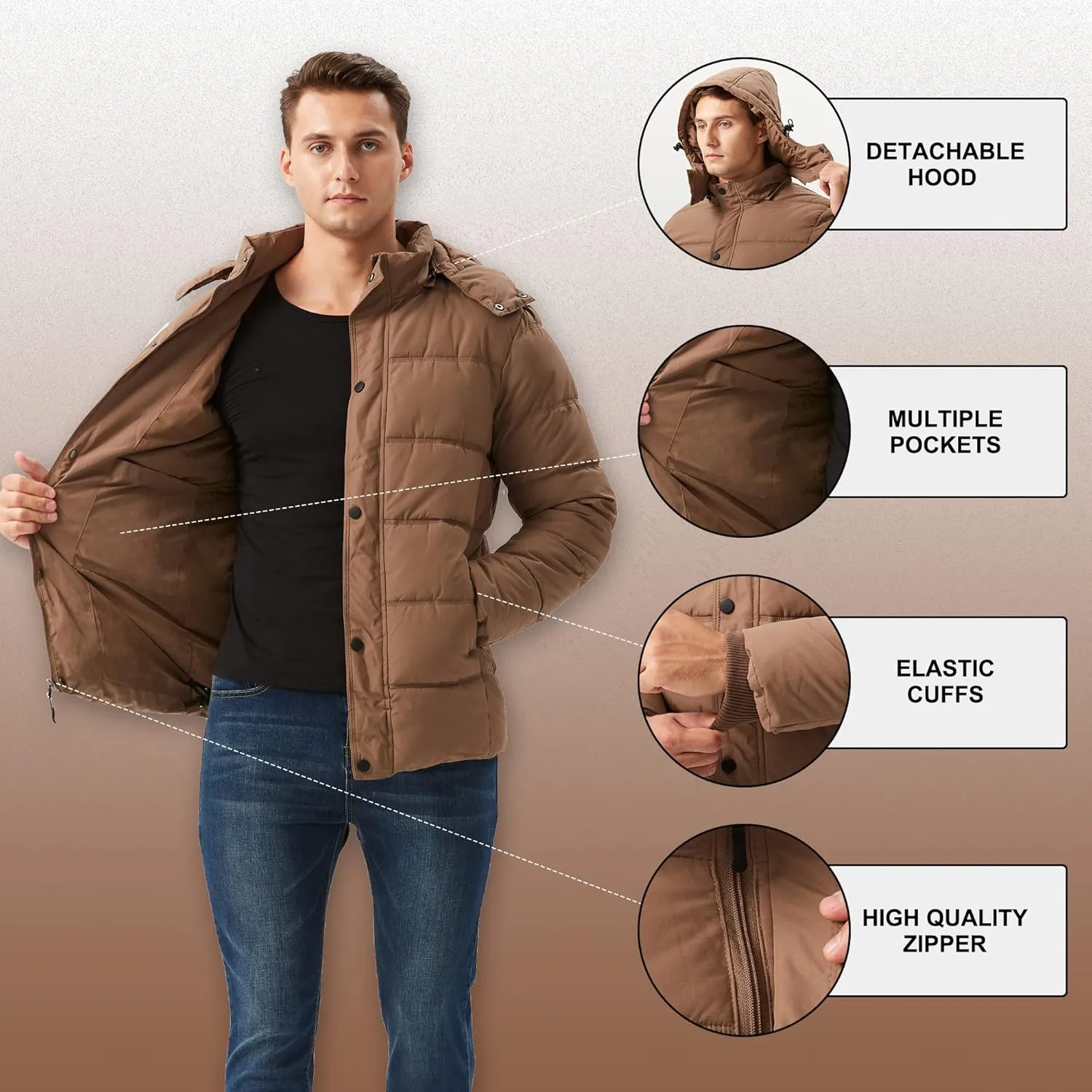 GGleaf Men's Hooded Winter Coat Warm Puffer Jacket Thicken Quilted Jacket