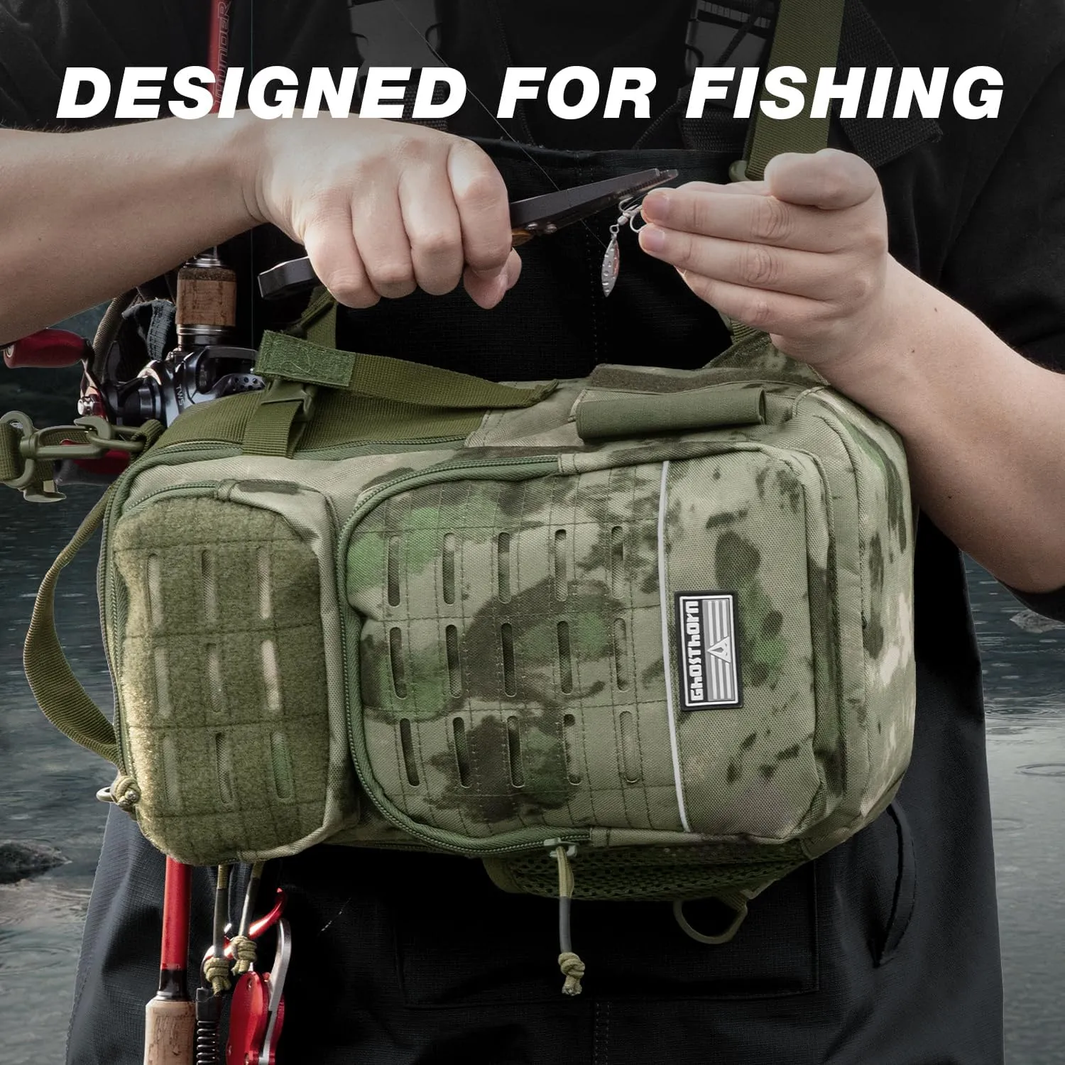 Ghosthorn Fishing Backpack with Rod Holder - Tackle Sling Bag - Fly Fishing Gifts for Men and Women