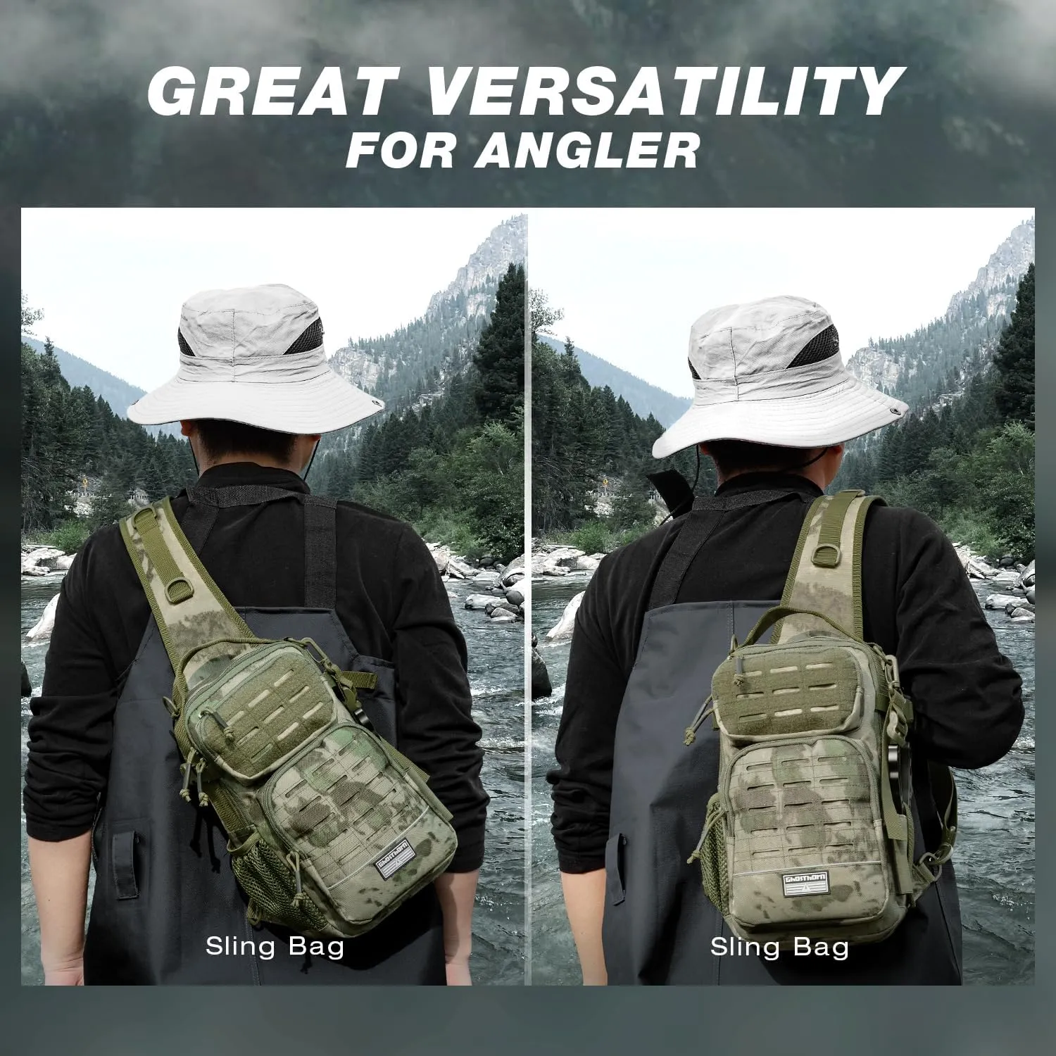 Ghosthorn Fishing Backpack with Rod Holder - Tackle Sling Bag - Fly Fishing Gifts for Men and Women