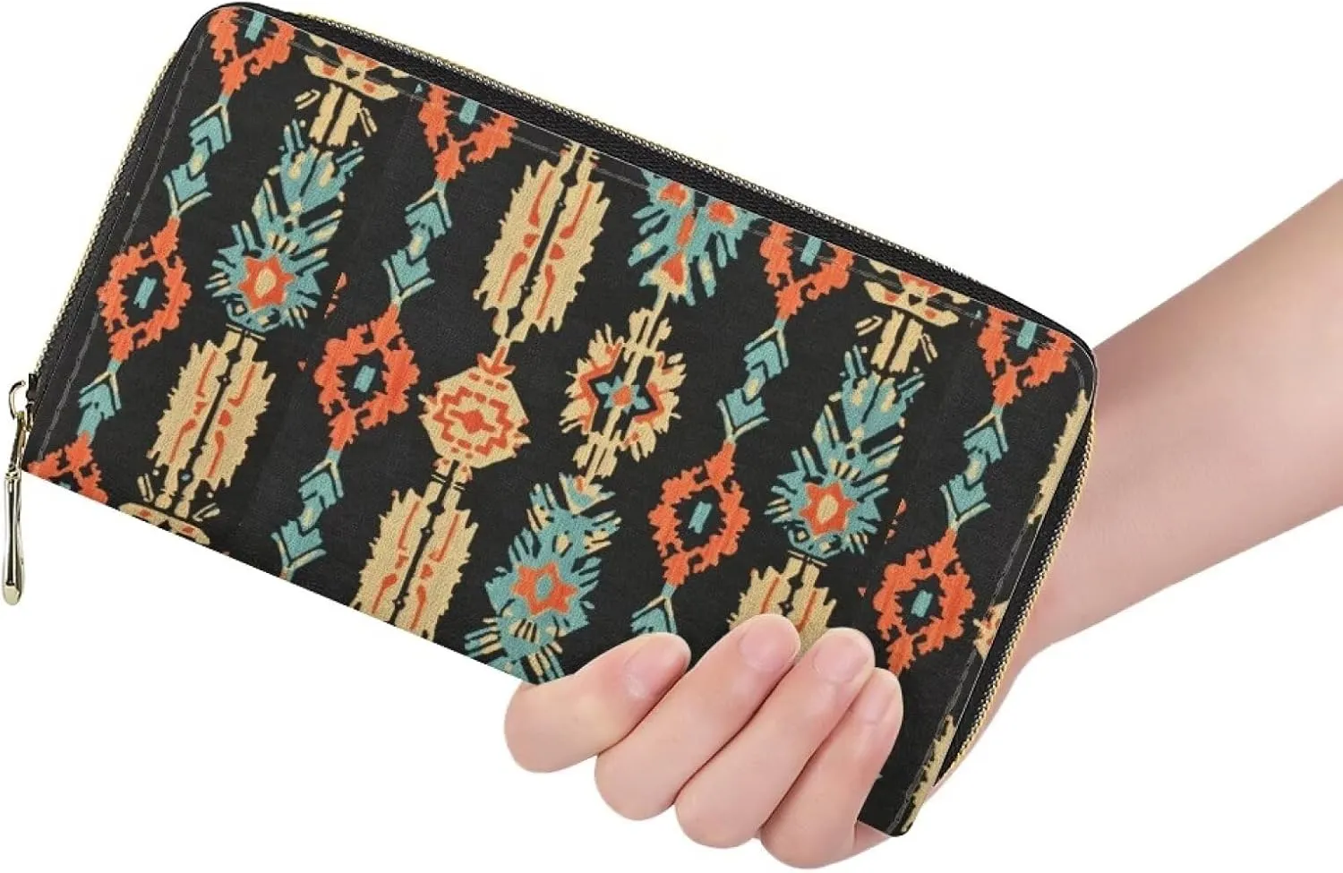 GIFTPUZZ Aztec Wallets Leather Money Clips Travel Shopping Personalized Purse Blue Rfid Blocking Clutch with Card Slots & Zip Coin Pocket Clutch Money Organizer Retro