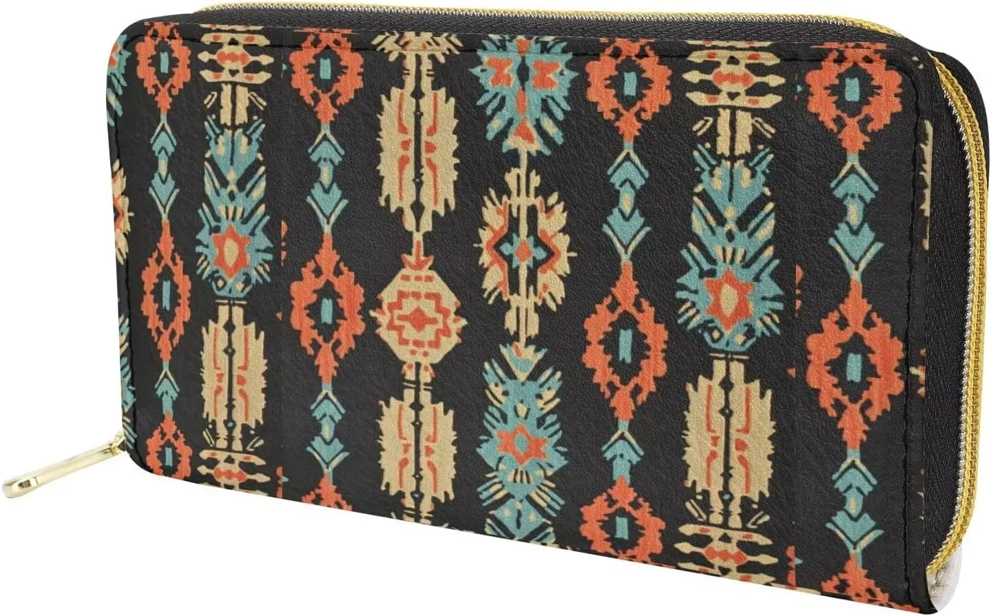 GIFTPUZZ Aztec Wallets Leather Money Clips Travel Shopping Personalized Purse Blue Rfid Blocking Clutch with Card Slots & Zip Coin Pocket Clutch Money Organizer Retro