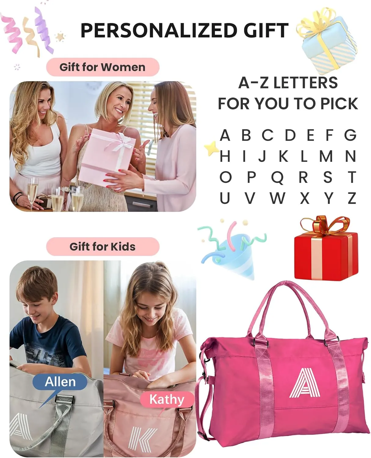 Gifts for Her, Initial Travel Duffel Bag, Sports Bag, Personalized Weekender Bag with Shoulder Strap, Monogram Overnight Bag, Gift for Friend Sister Gifts (Letter F)