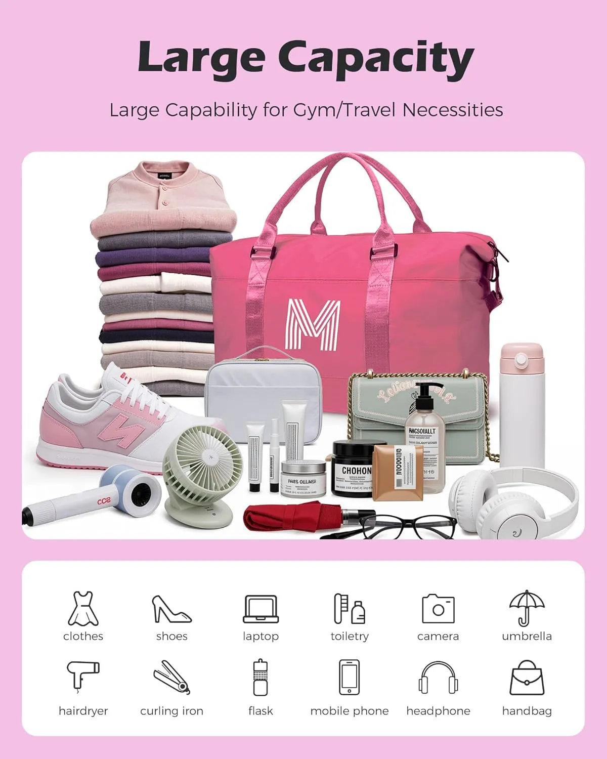 Gifts for Her, Initial Travel Duffel Bag, Sports Bag, Personalized Weekender Bag with Shoulder Strap, Monogram Overnight Bag, Gift for Friend Sister Gifts (Letter F)